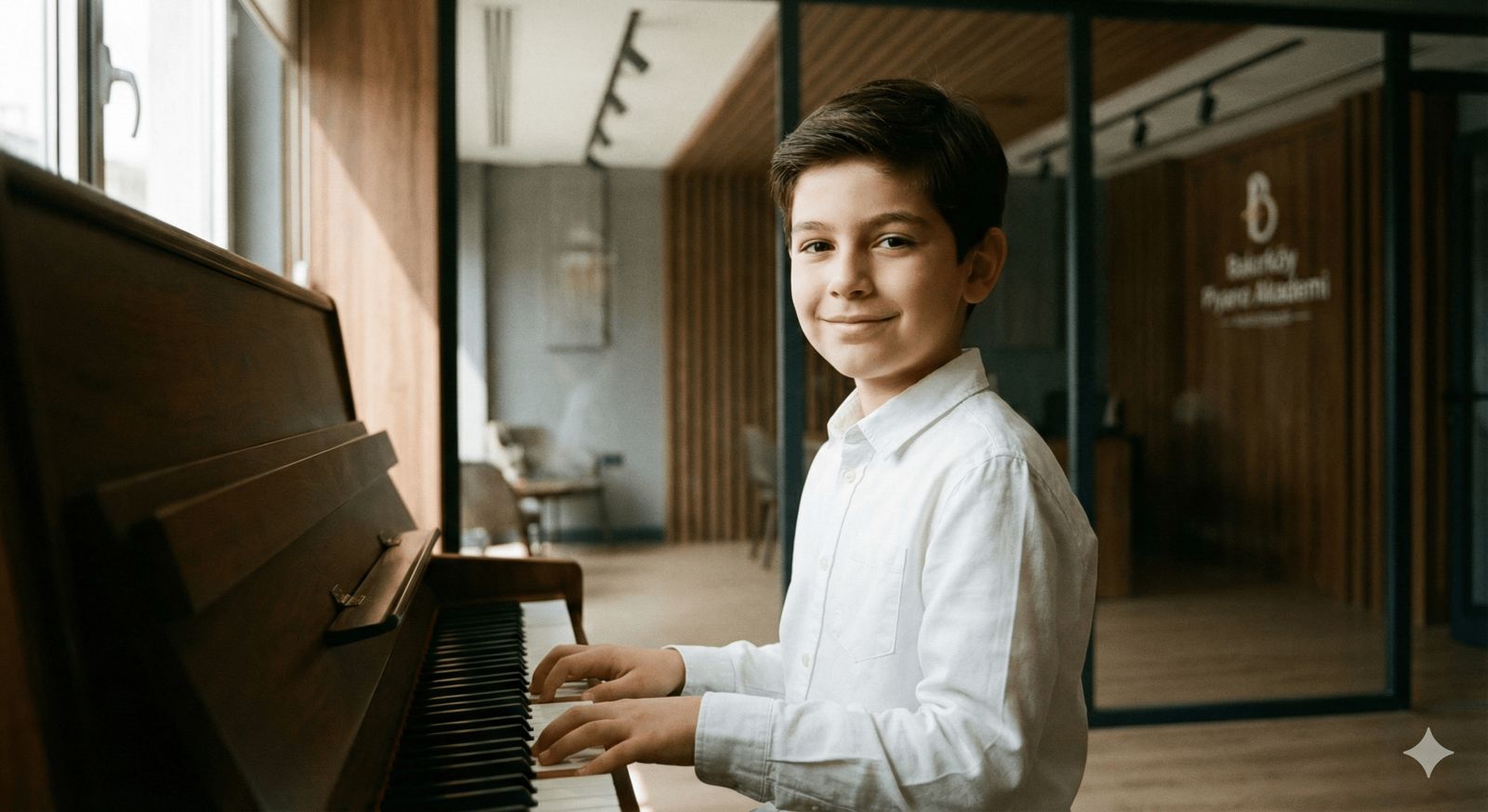 10 yaş kursları kapsamında piyano eğitimi alan, odaklanmış erkek çocuğu ve piyano tuşları.