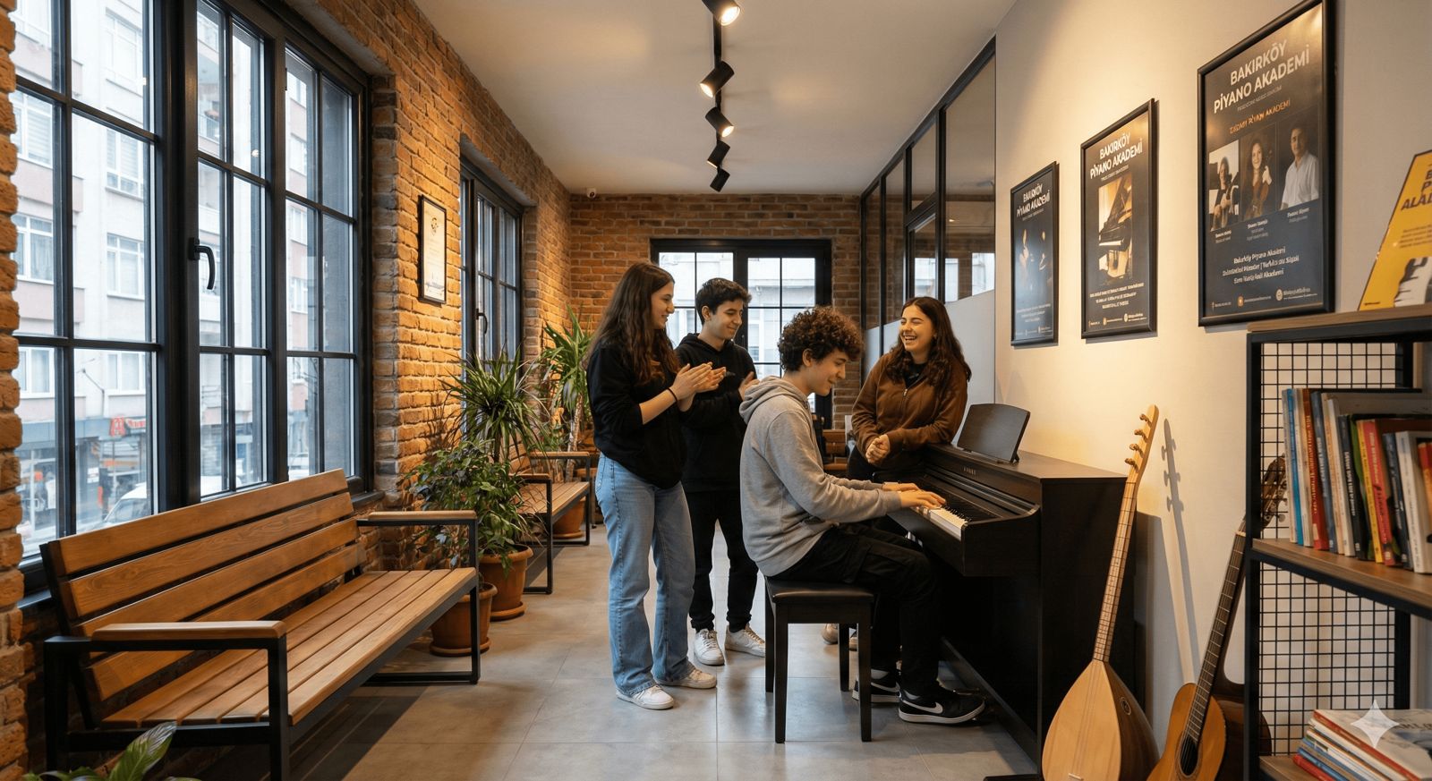 Genç piyano kursu öğrencileri müzik akademi ortamında sosyalleşirken ve müzik çalışırken