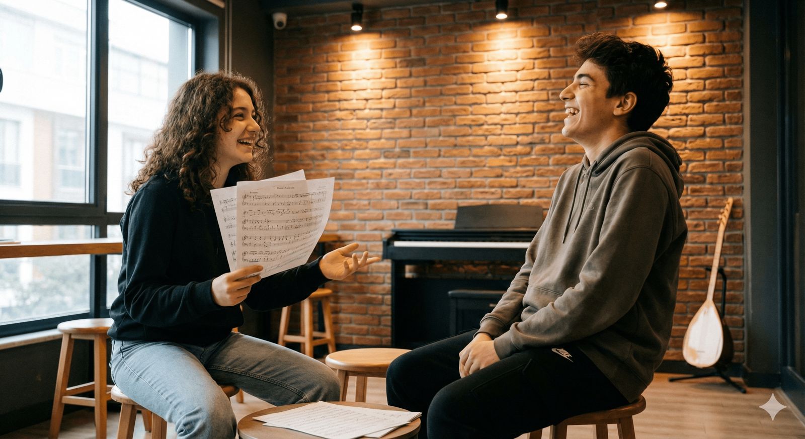 Genç piyano kursu öğrencilerinin sosyal etkileşimi ve sanat ortamı.