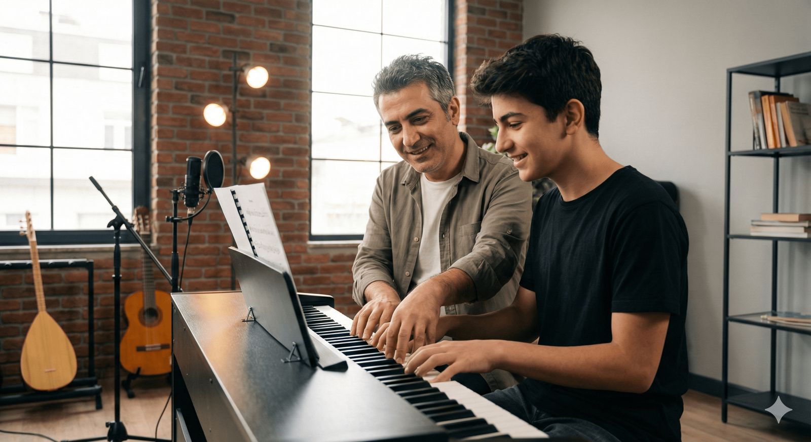 Bakırköy piyano kursu eğitmeni ve genç öğrenci birebir özel piyano dersinde teknik çalışma yaparken.