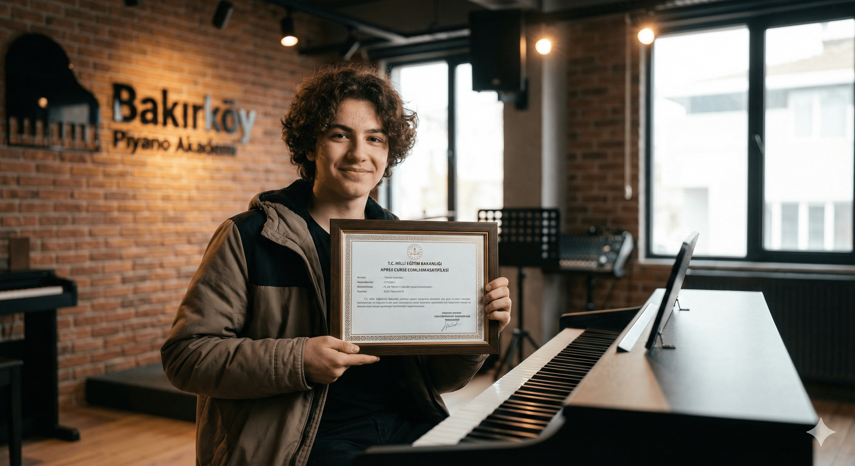 MEB onaylı piyano kursu sertifikası alan genç öğrenci başarıyla mezun olurken.