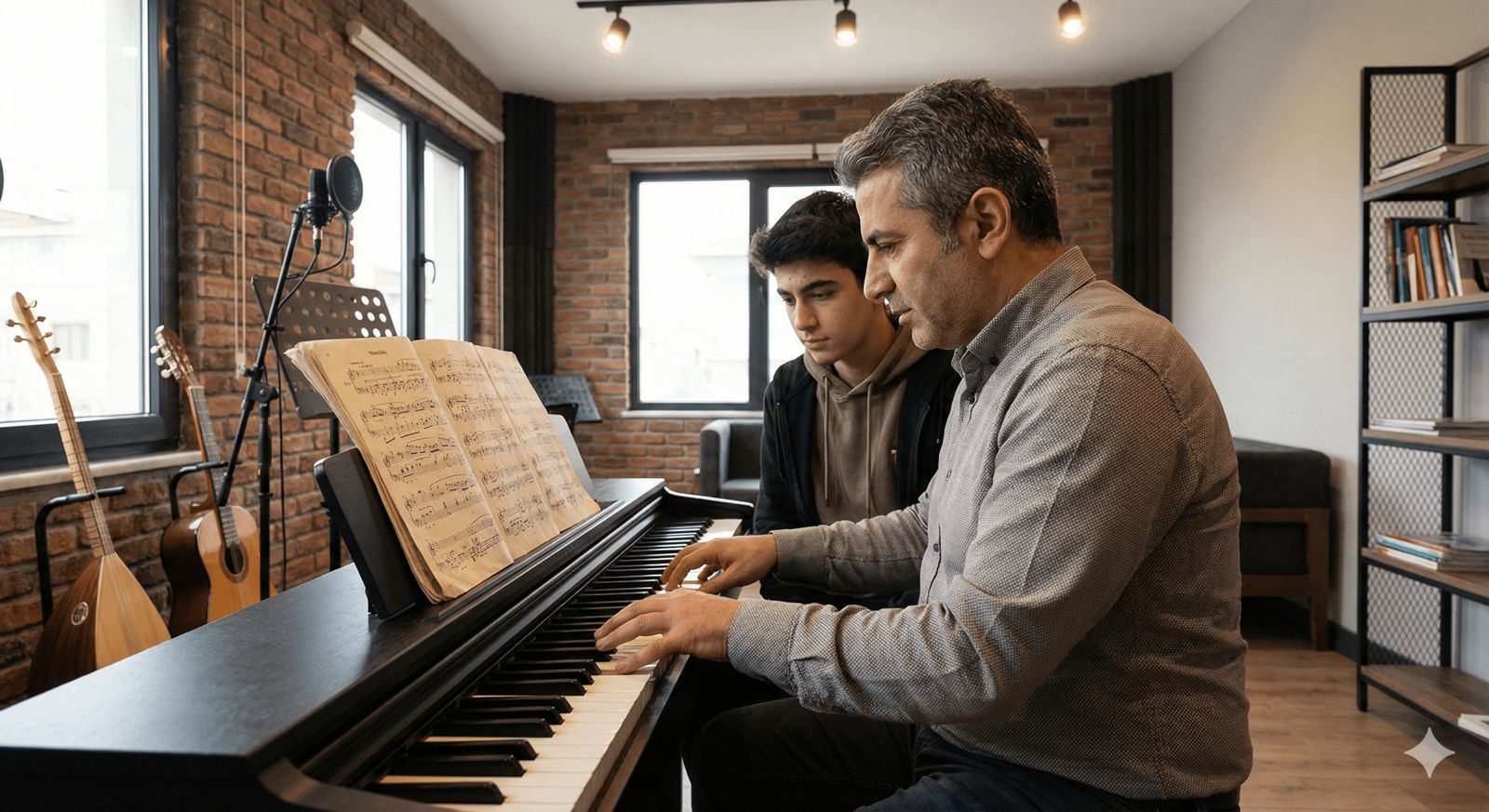 Bakırköy konservatuvar hazırlık piyano eğitimi alan genç öğrenci ve eğitmeni teknik çalışırken.