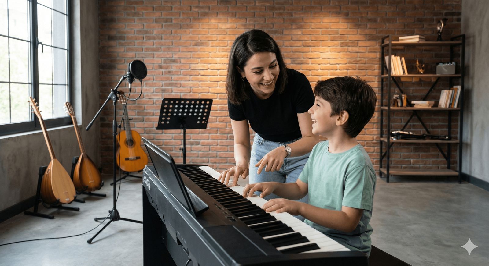 Eğitmen eşliğinde piyano çalan 8 yaşındaki çocuk, birebir çocuk piyano eğitimi sırasında