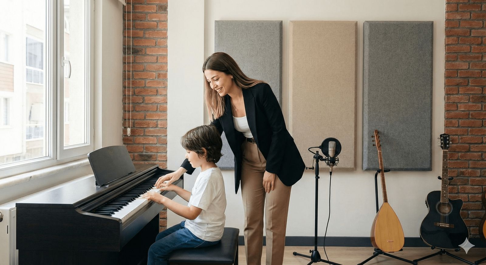 Bakırköy MEB onaylı piyano kursunda eğitmeniyle iletişim kuran mutlu öğrenci.