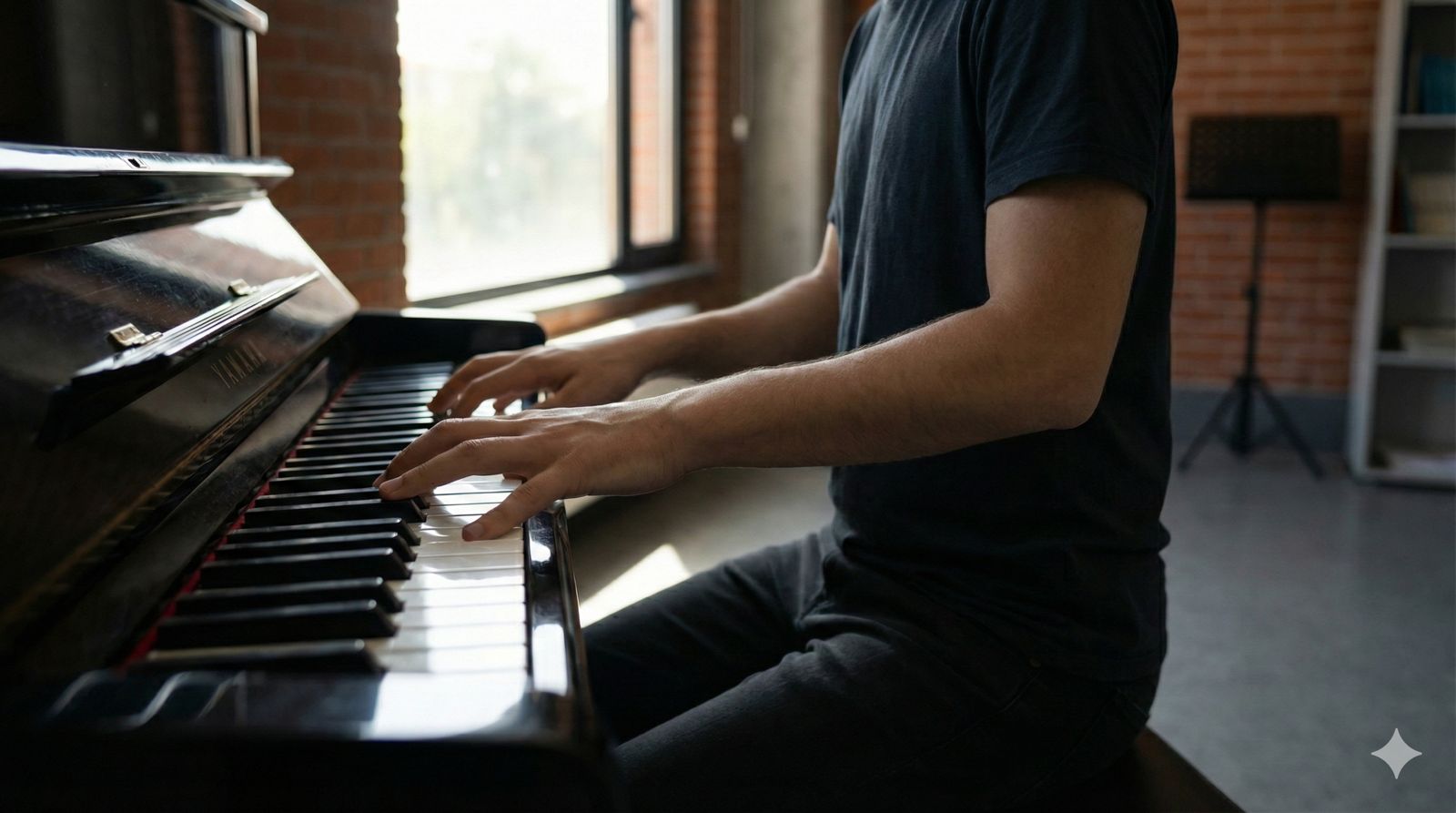 : Akustik duvar piyanosunda pratik yapan piyano öğrencisi.