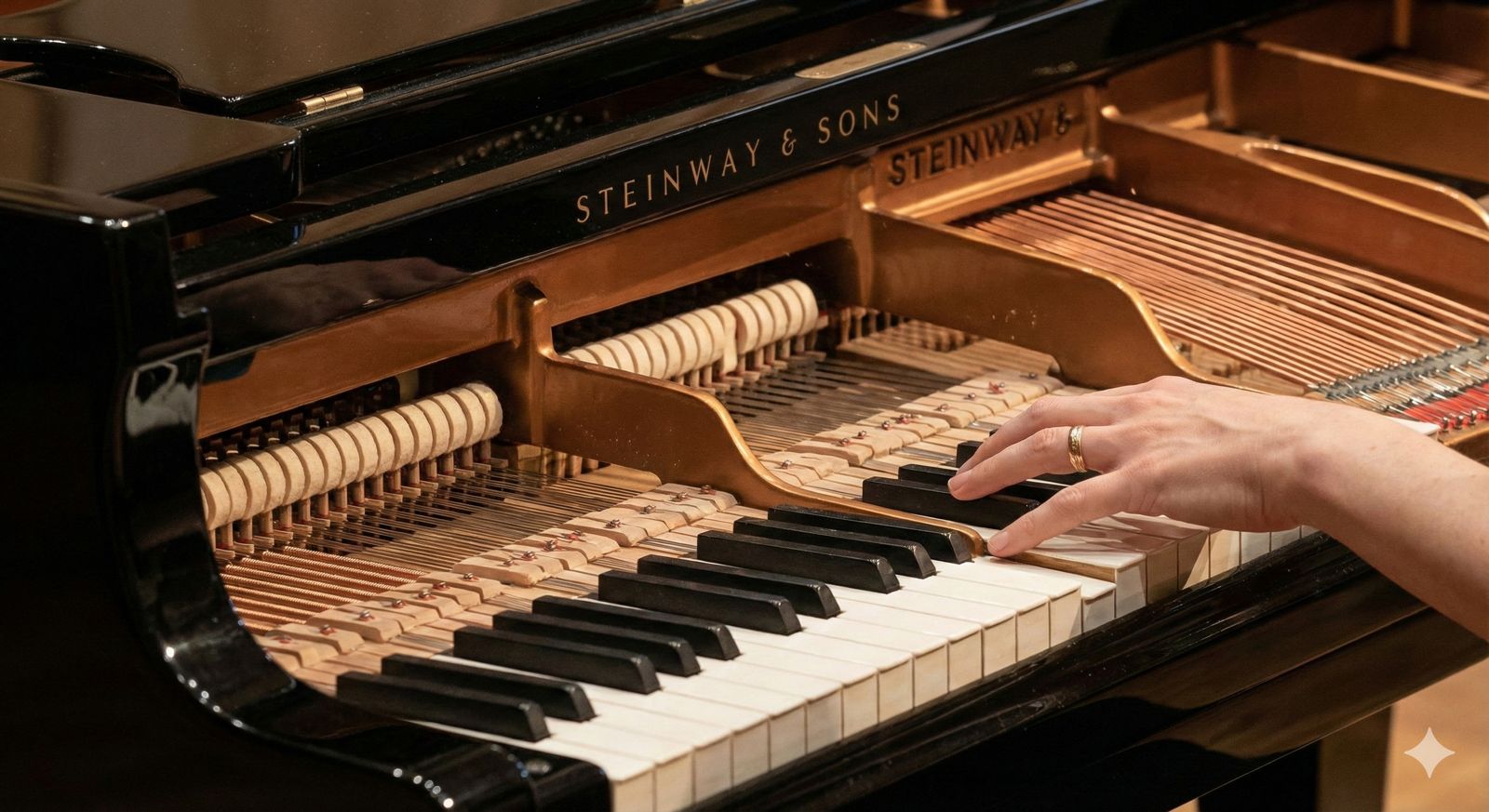 Siyah, parlak bir akustik piyanonun iç mekanizması (teller ve çekiçler) ile tuşlara basan estetik bir elin yakın çekimi. Kalite ve mekanik vurgusu.