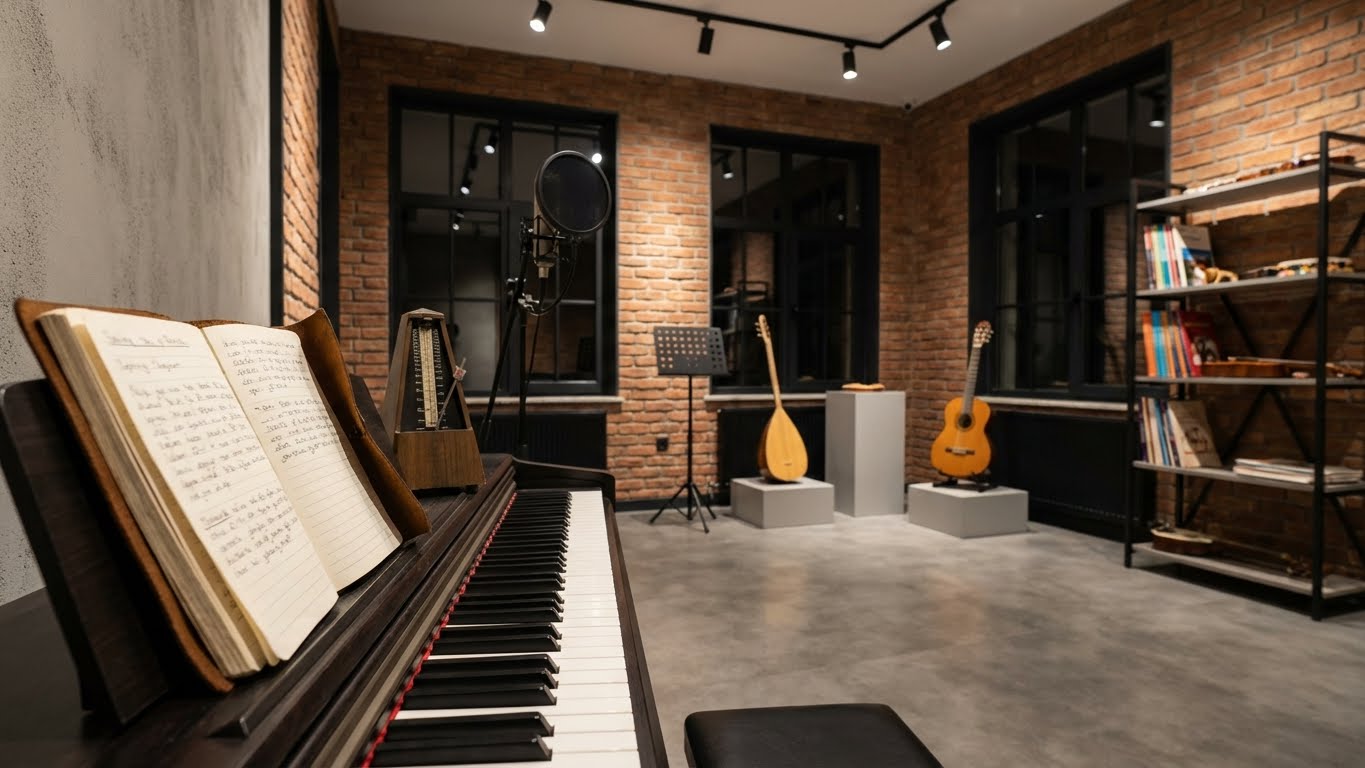 Bakırköy Piyano Akademi derslik ortamı – profesyonel piyano, nota sehpası ve müzik enstrümanlarıyla donatılmış müzik stüdyosu