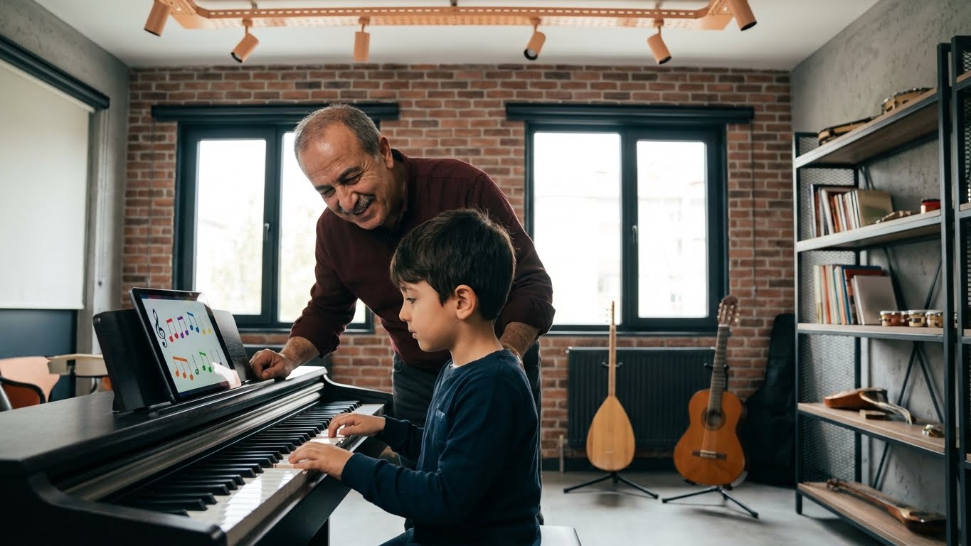 Deneyimli piyano öğretmeni eşliğinde çocuk için birebir piyano dersi, ev ortamında uygulamalı özel piyano eğitimi.