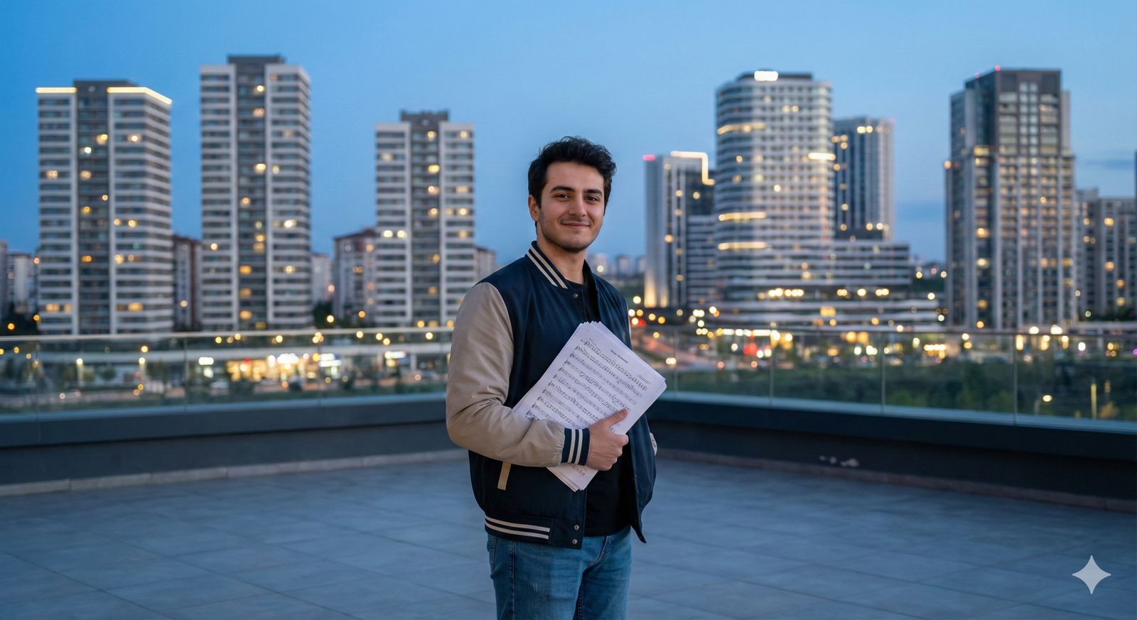 Başakşehir'in modern mimarisini andıran bir arka plan önünde, elinde notalarıyla kendine güvenen bir öğrenci görseli.