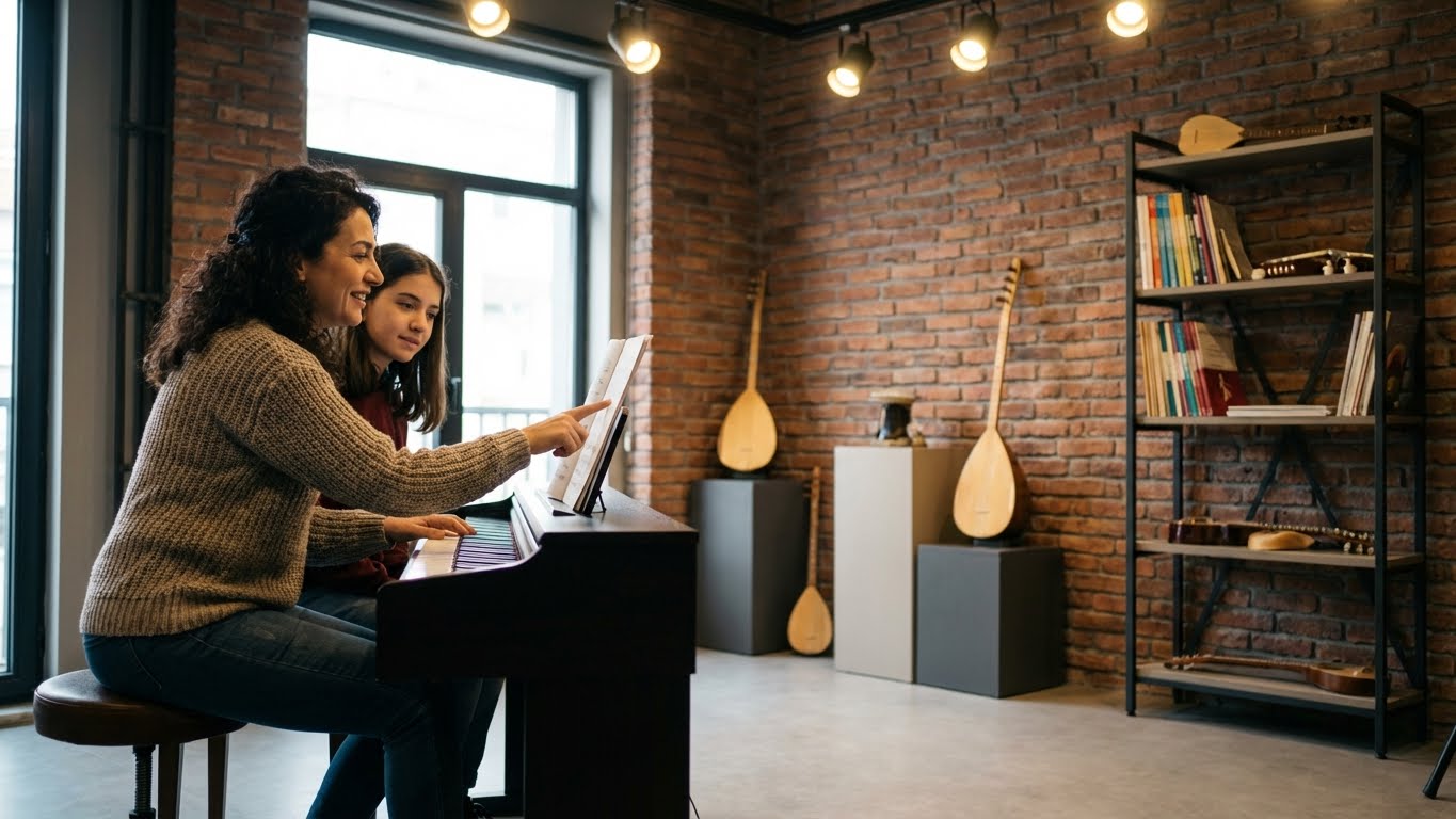 Bayan piyano hocası eşliğinde birebir piyano dersi alan öğrenci, profesyonel stüdyo ortamında uygulamalı piyano eğitimi.