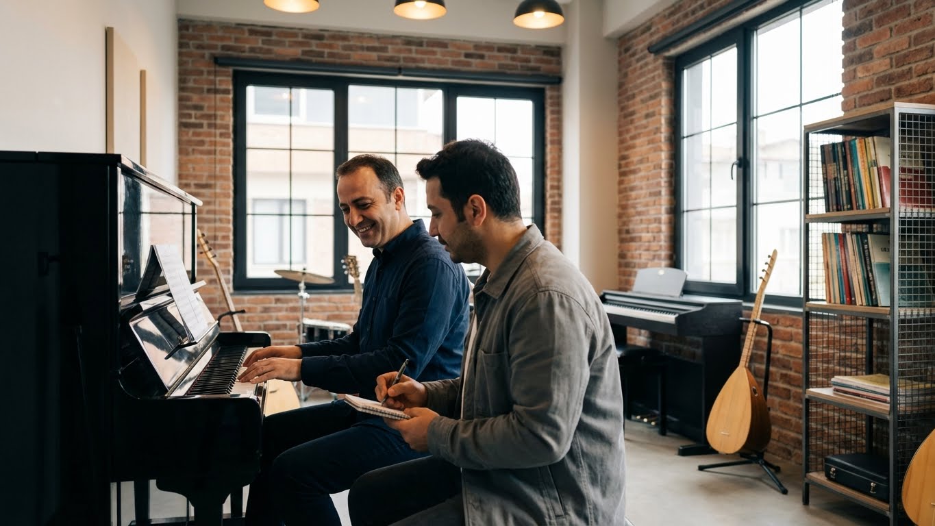 Deneyimli eğitmenle birebir piyano dersi alan yetişkin öğrenci, profesyonel stüdyo ortamında özel piyano eğitimi.
