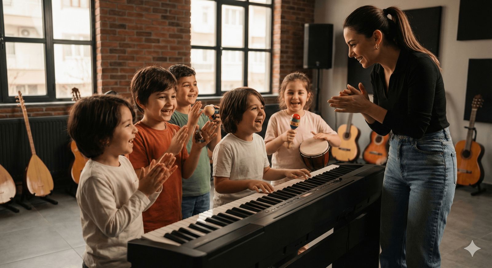 Çocuk sanat atölyesi etkinlikleri ve grup müzik çalışmaları.