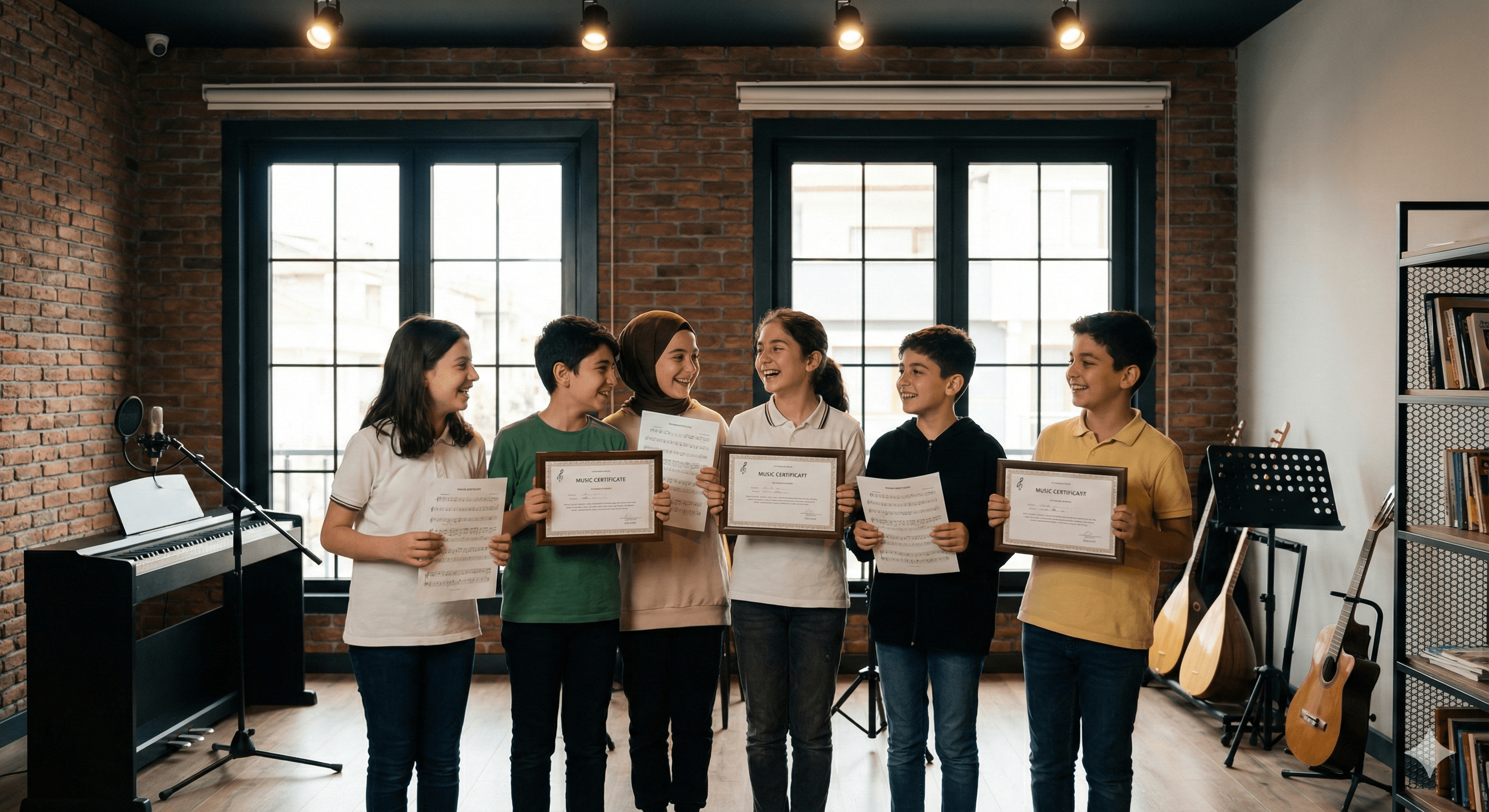 Çocuk piyano kursu sonrası sertifika alan ve sosyalleşen öğrenciler.
