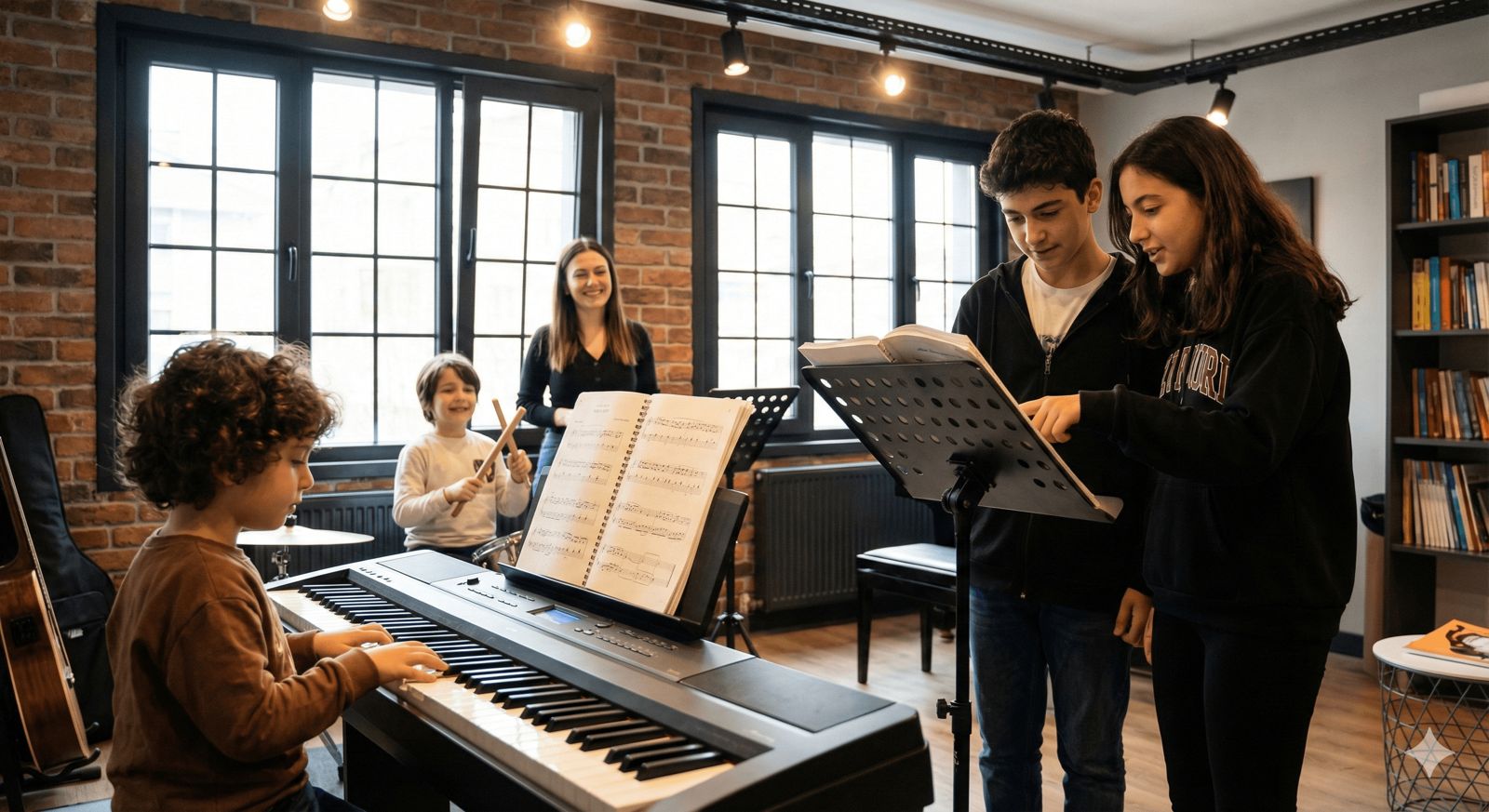MEB onaylı piyano kursu sertifika programı öğrencileri ders çalışırken 