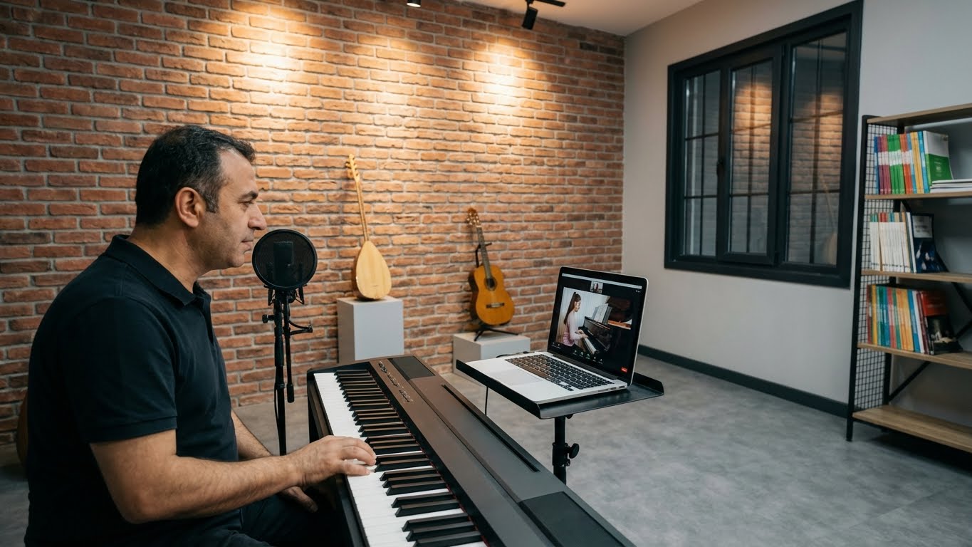 Canlı online piyano dersi veren eğitmen, stüdyo ortamından bilgisayar üzerinden birebir piyano eğitimi sunuyor.