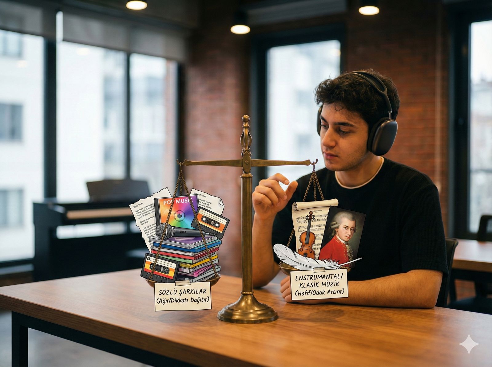 Ders çalışırken dinlenmesi gereken müzik türleri ve beyin performansı grafiği.