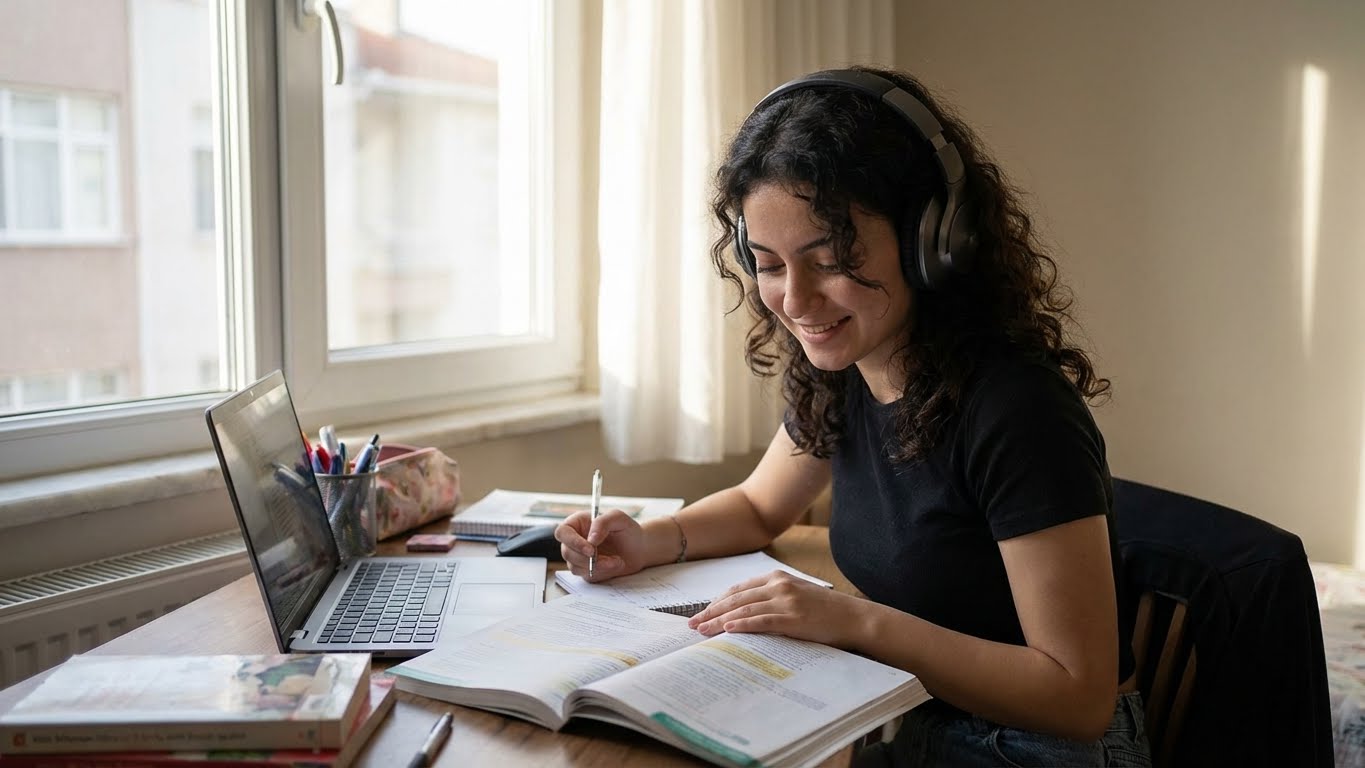 Ev ortamında müzik dinleyerek ders çalışan üniversite öğrencisi.