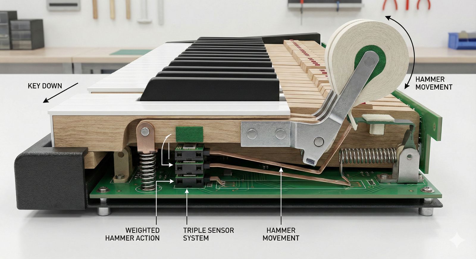 Dijital piyano tuş hassasiyeti ve hammer action mekanizma sistemi.