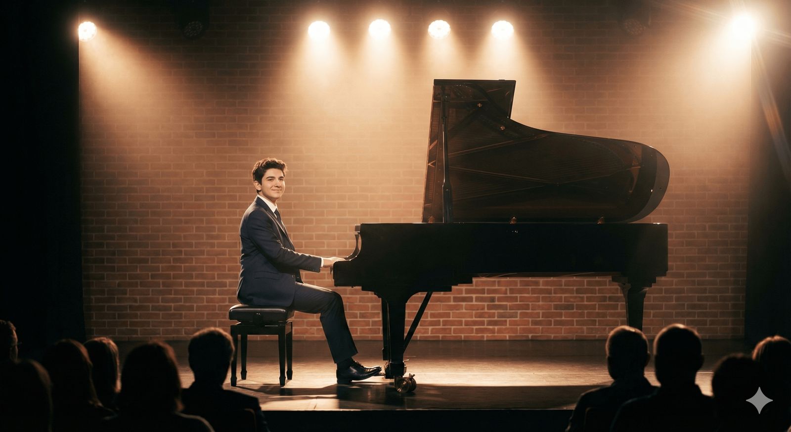 Piyano eğitimi sonrası yıl sonu resitalinde performans sergileyen genç piyanist.