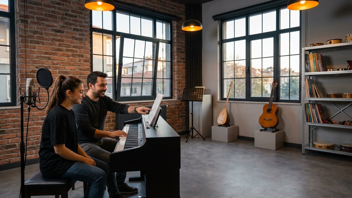 Birebir piyano dersi yapılan müzik akademisi – eğitmen eşliğinde piyano çalmaya başlayan öğrenci