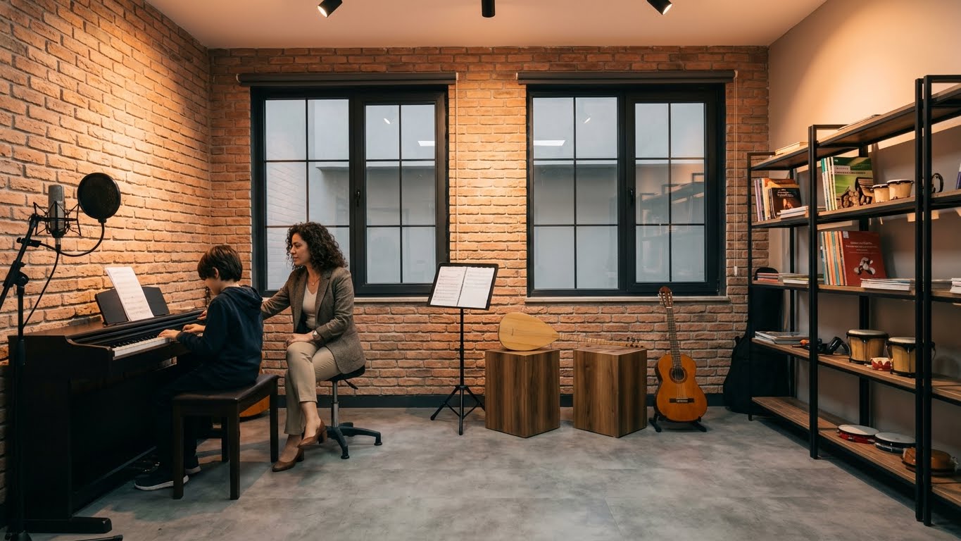 Kadın piyanist eğitmen eşliğinde çocuk için birebir piyano dersi, profesyonel stüdyo ortamında uygulamalı piyano eğitimi.