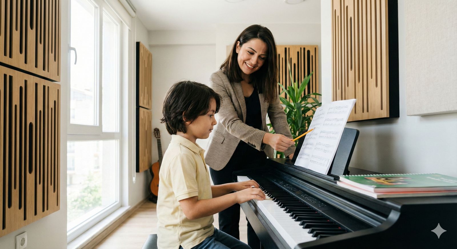 Merter bölgesine yakın Bakırköy Piyano Akademi sınıfında özel piyano dersi alan çocuk öğrenci ve eğitmeni.