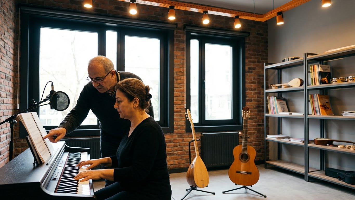 Birebir piyano eğitimiyle yetişkinlere özel piyano dersi, nota takibi ve uygulamalı çalışma.