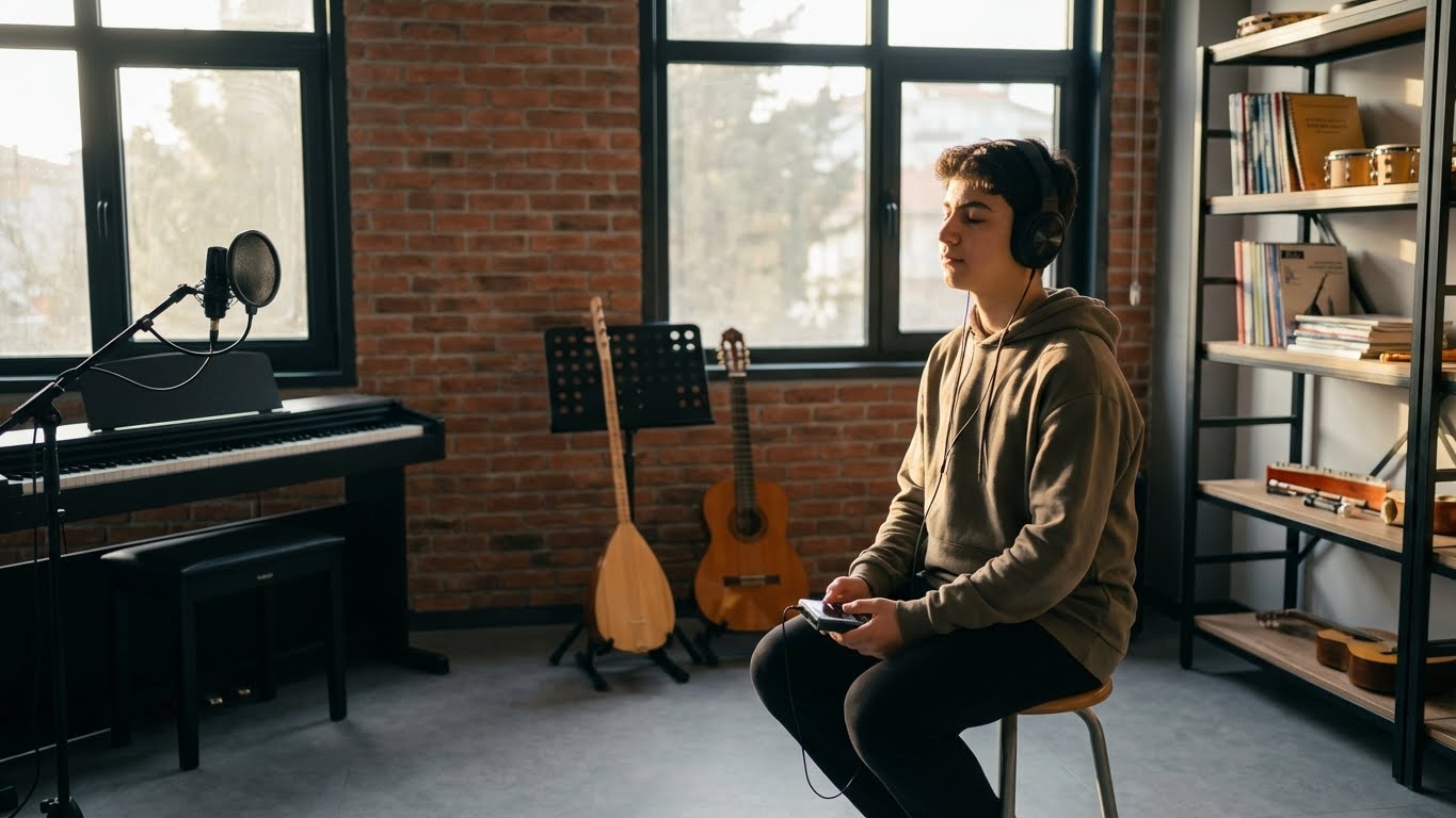 Müzik eğitimi öncesi odaklanma ve zihinsel hazırlık yapan öğrenci.