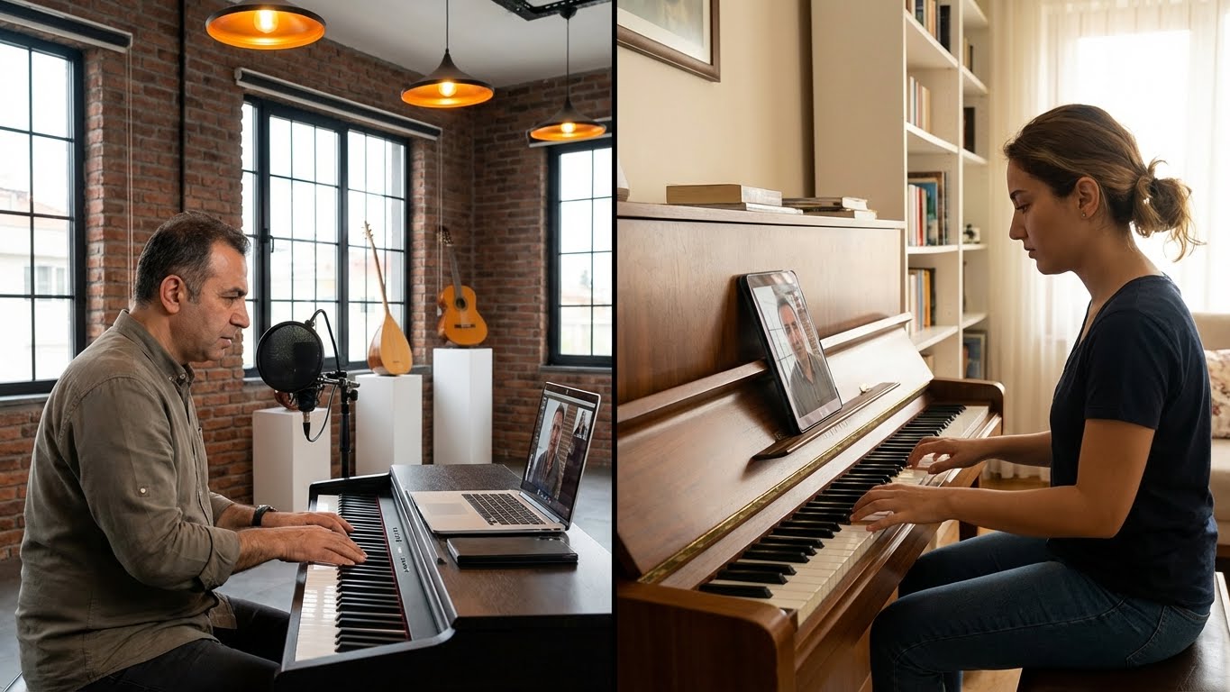 Online birebir piyano dersi: stüdyo ortamındaki eğitmen ile evden canlı bağlantı üzerinden piyano eğitimi alan öğrenci.