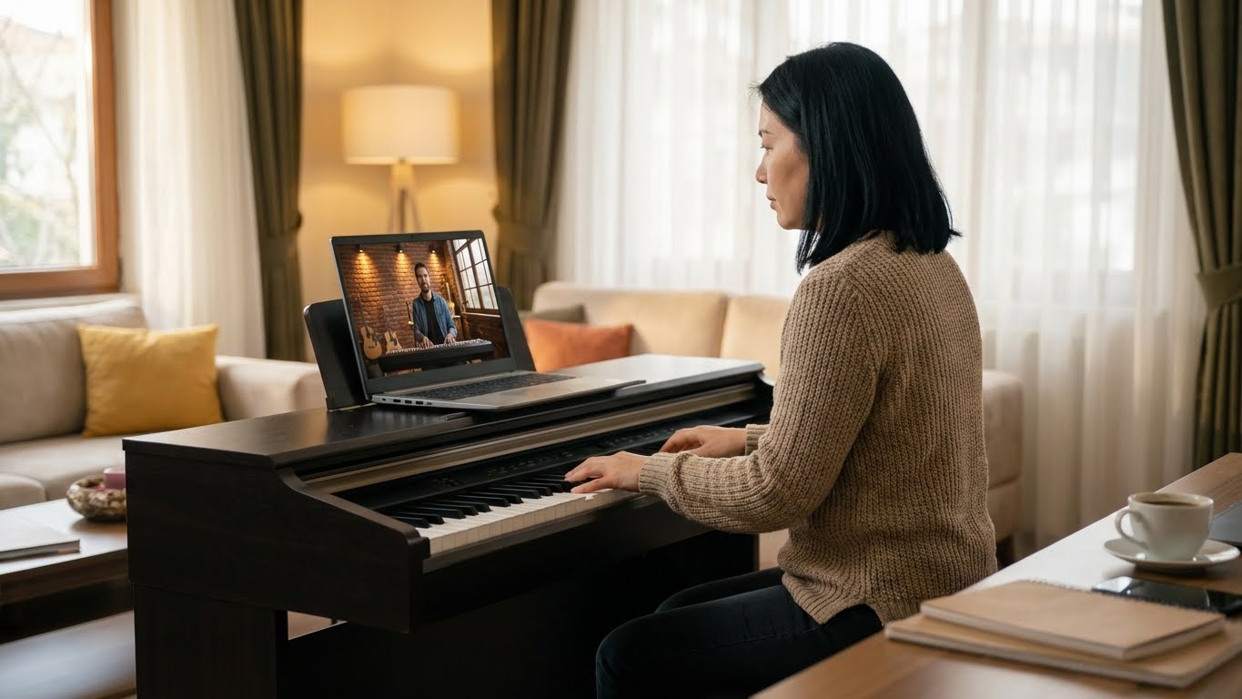 Ev ortamında bilgisayar üzerinden canlı online piyano dersi alan yetişkin öğrenci, birebir uzaktan piyano eğitimi.