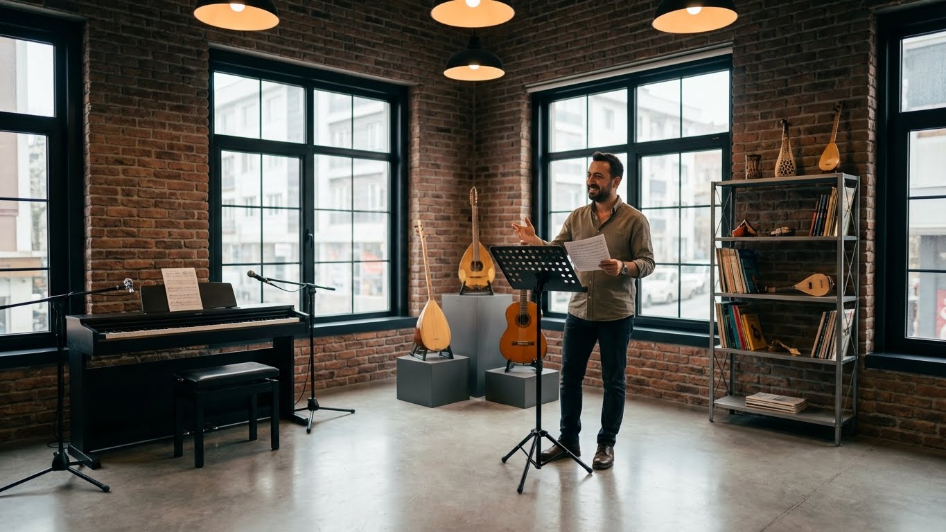 Profesyonel müzik stüdyosunda ders anlatan deneyimli piyano öğretmeni, birebir özel piyano dersi ve eğitim ortamı.