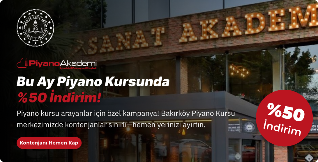 Bakırköy Piyano Kursu’nda profesyonel piyano stüdyosunda verilen birebir piyano eğitimi için bu ay geçerli %50 indirim kampanyası banner görseli.