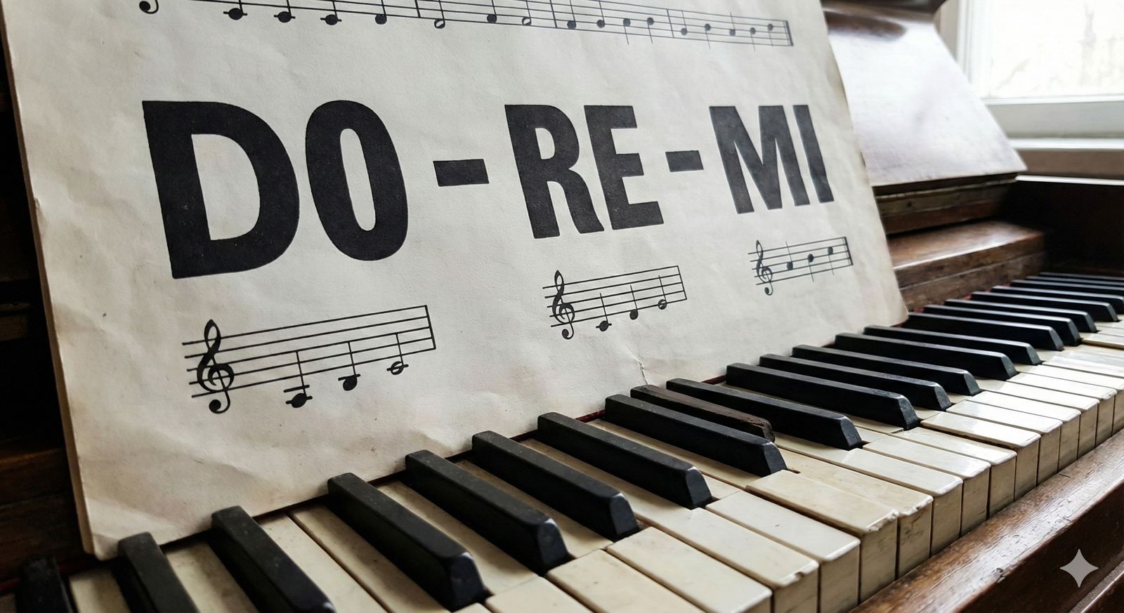Piyano tuşlarının üzerinde duran, büyük puntolarla yazılmış 