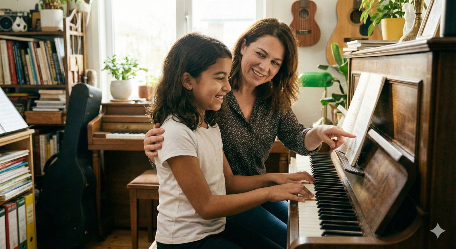 Piyano çalmanın faydaları nelerdir sorusuna cevap arayanlar için piyano dersi alan mutlu öğrenci.