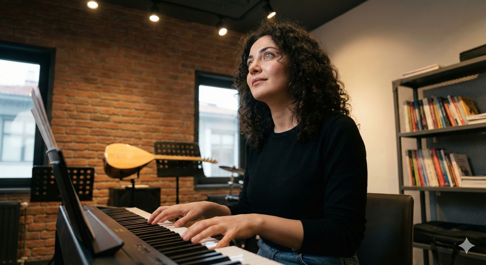 Yaratıcılığı geliştiren etkinlikler kapsamında piyano başında beste yapan öğrenci.