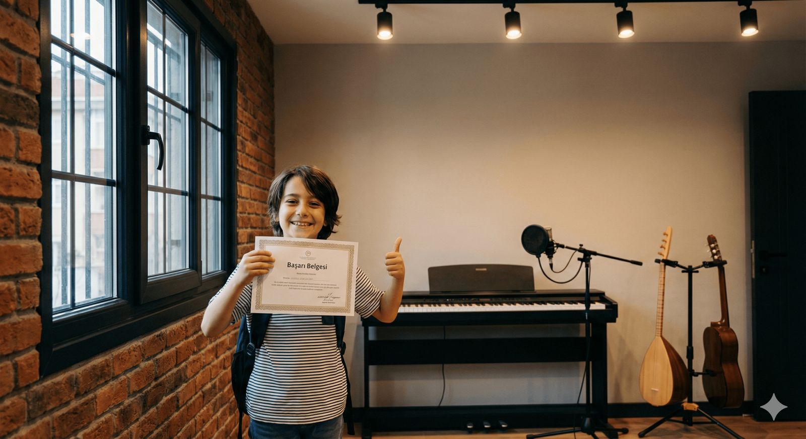 MEB onaylı piyano kursu başarı sertifikası ve mutlu öğrenci.