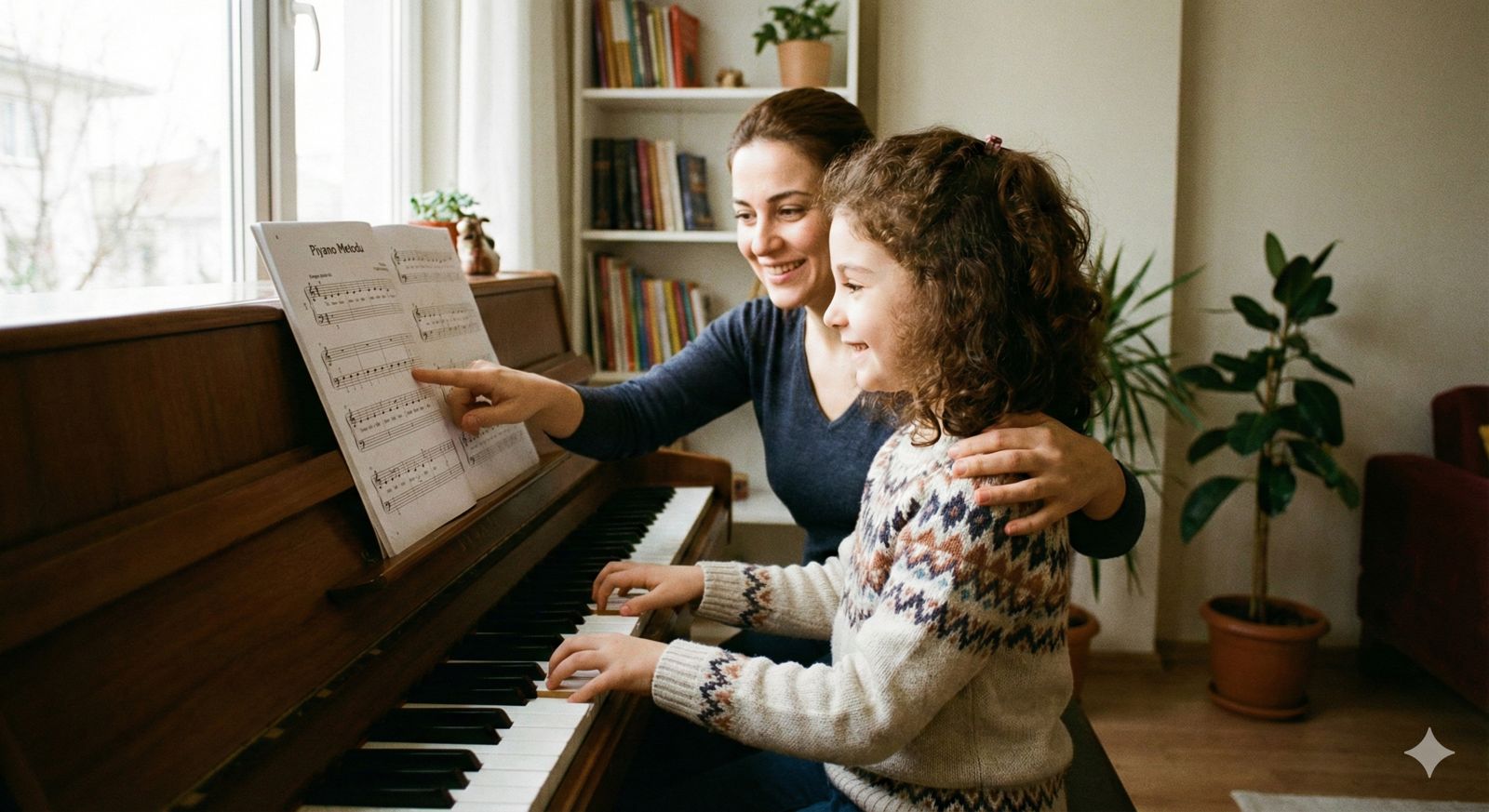 Çocuklar için piyano dersi veren uzman eğitmen ve doğru el tutuş tekniği çalışması.