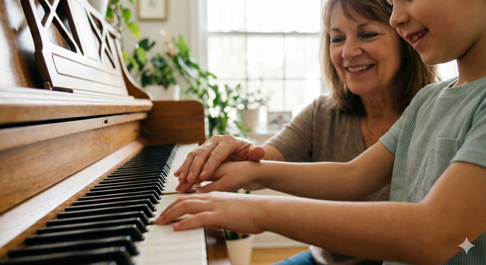 Çocuklar için piyano eğitimi veren MEB onaylı kursta eğitmen ve öğrenci piyano dersinde.