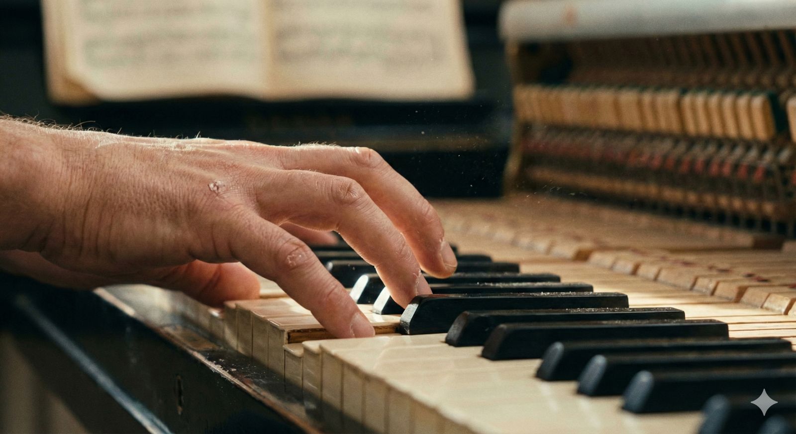 Akustik piyanoda tuşlara basan elin yakın çekimi – Bakırköy Piyano Kursu.