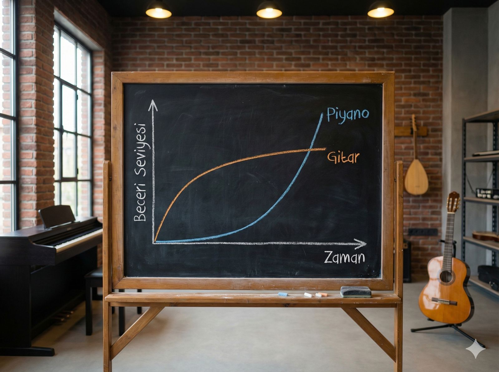 Piyano ve gitar öğrenme zorluk seviyeleri ve gelişim grafiği.