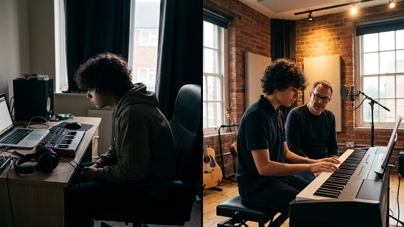 Piyano öğrenme yöntemleri karşılaştırması: evde bireysel çalışma ile stüdyo ortamında eğitmen eşliğinde birebir piyano dersi.