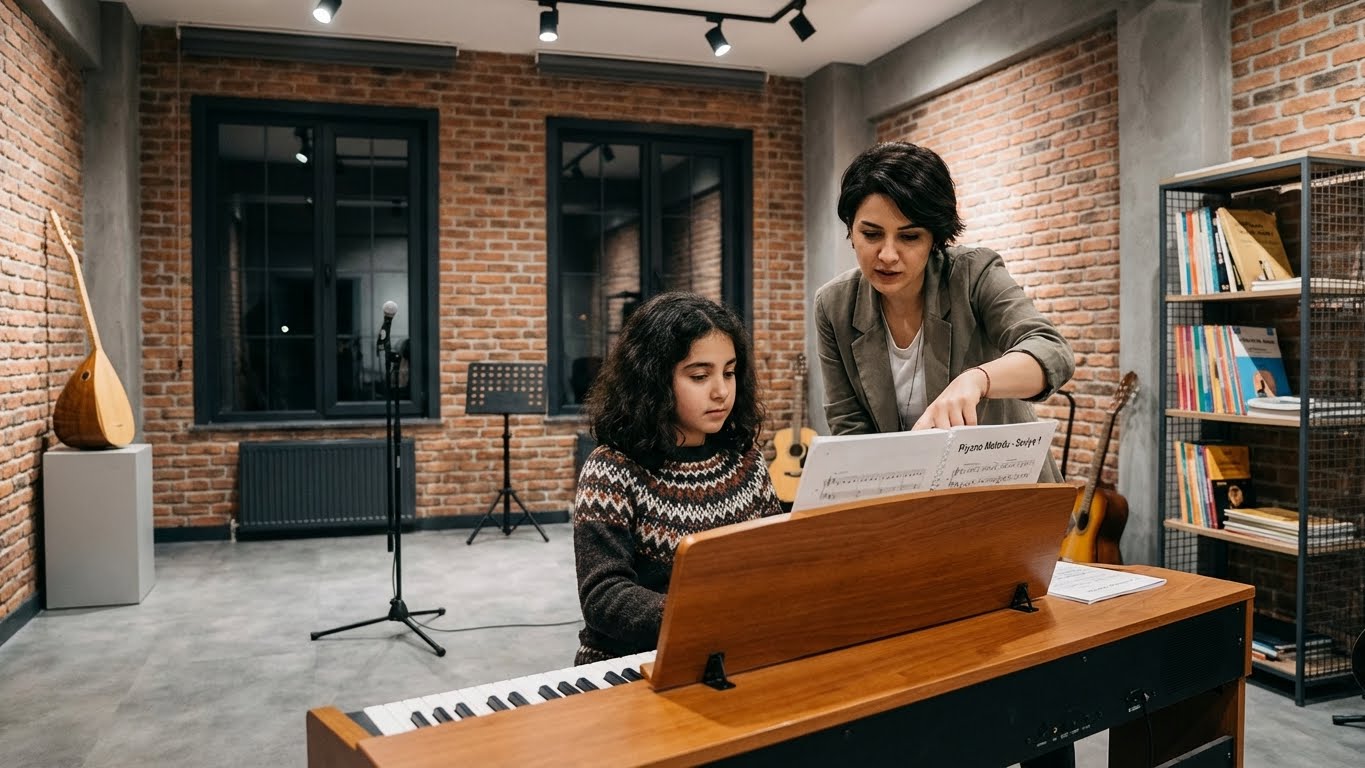 Çocuklar için birebir piyano dersi, öğretmen eşliğinde nota okuyarak piyano çalan öğrenci.