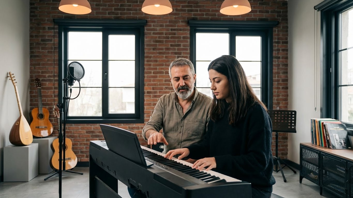 Deneyimli eğitmen eşliğinde teknik geliştirmeye yönelik birebir piyano dersi, yetişkin öğrenciyle uygulamalı piyano eğitimi.