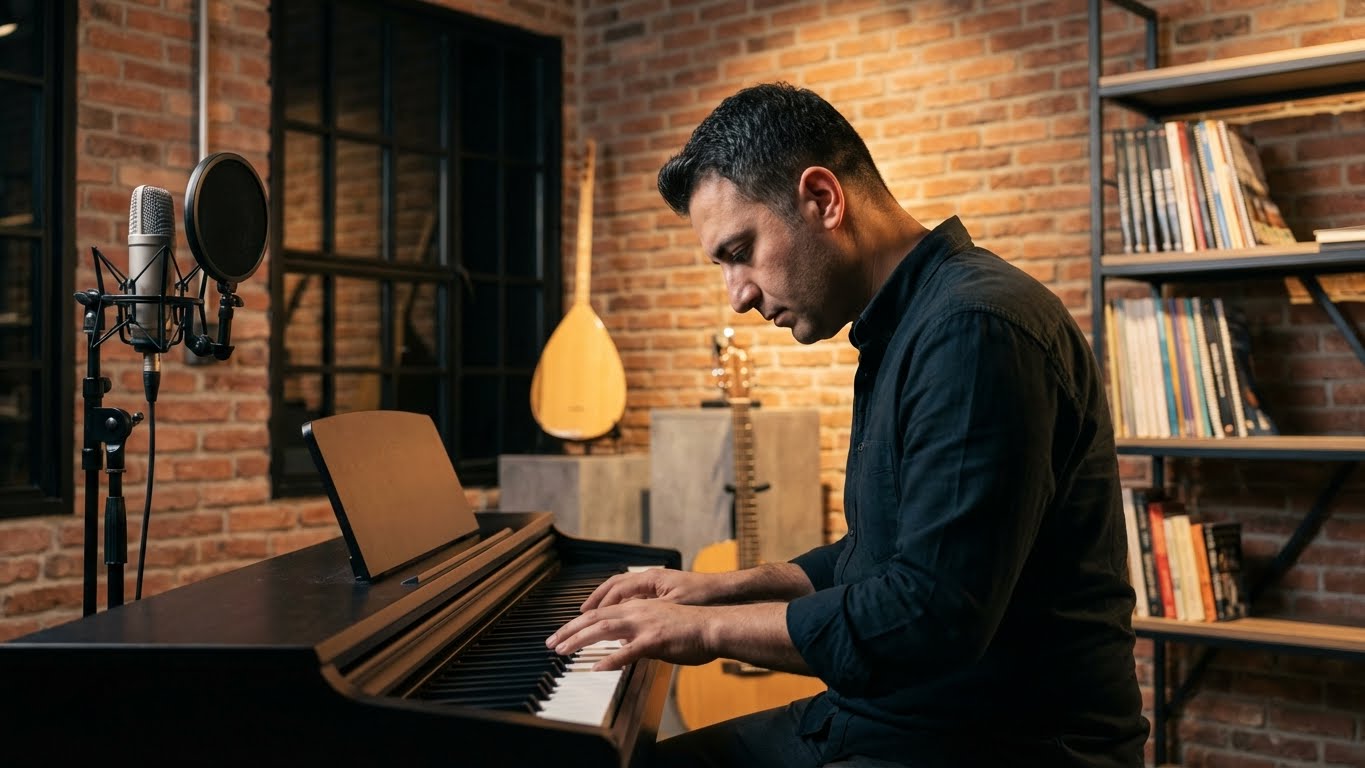 Piyano çalan sanatçı (Piyanist) performans sergilerken.