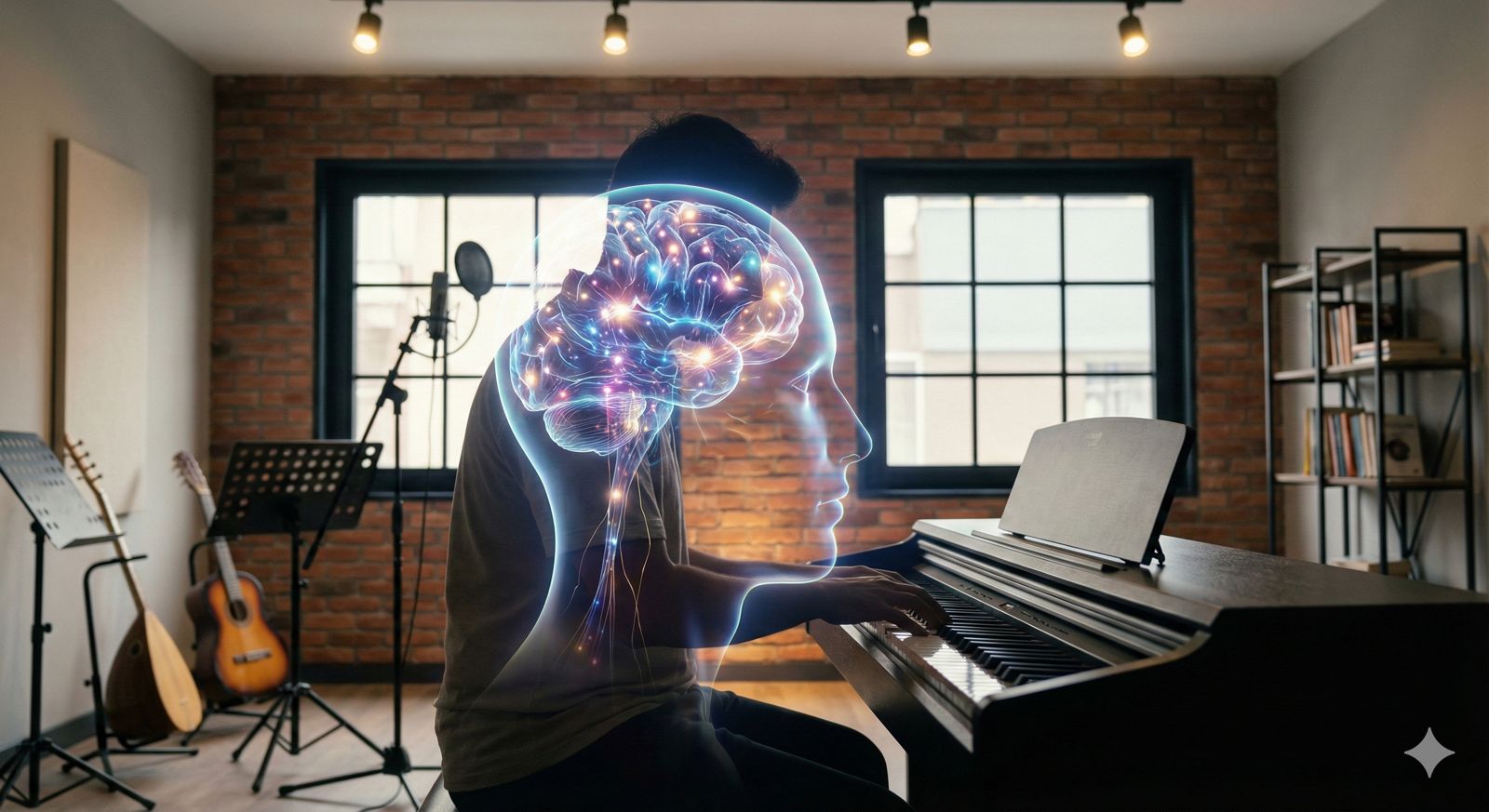 Piyano çalan insan zeki midir sorusuna cevap veren nörolojik beyin aktivitesi illüstrasyonu.