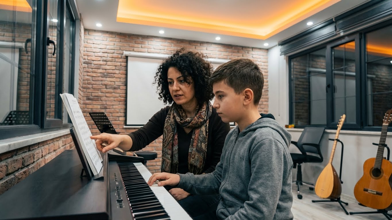 Piyanoya yeni başlayan çocuk için birebir piyano dersi, deneyimli eğitmen eşliğinde temel piyano eğitimi.