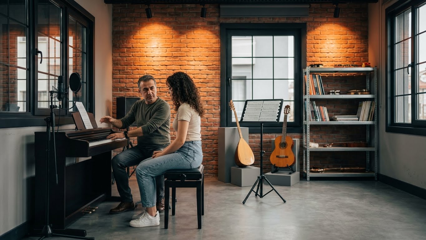 Birebir piyano dersi yapılan müzik stüdyosu – eğitmen eşliğinde uygulamalı piyano eğitimi alan öğrenci