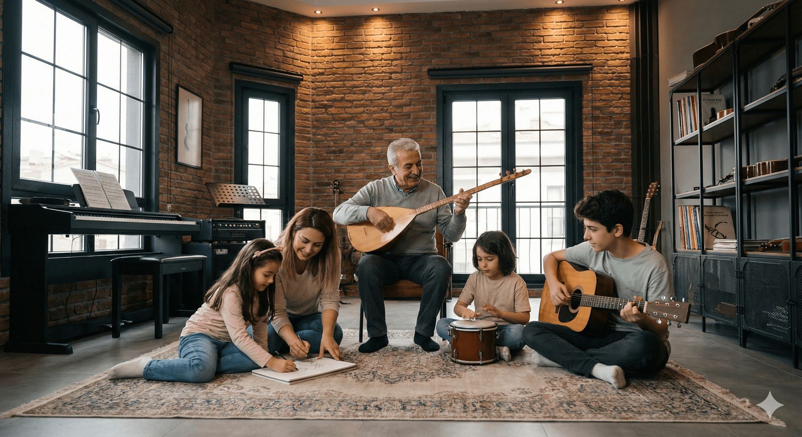 Aile bireylerinin bağlama, gitar, piyano ve ritim enstrümanlarıyla birlikte müzik eğitimi aldığı sıcak ve samimi müzik kursu ortamı