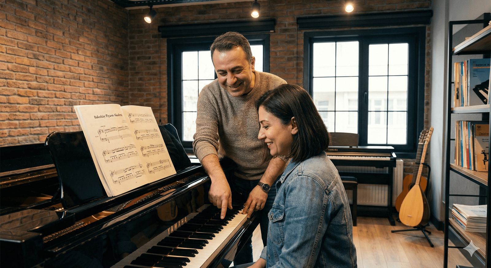 Eğitmen eşliğinde birebir piyano dersi alan yetişkin öğrenci, modern ve profesyonel piyano kursu sınıfı ortamında