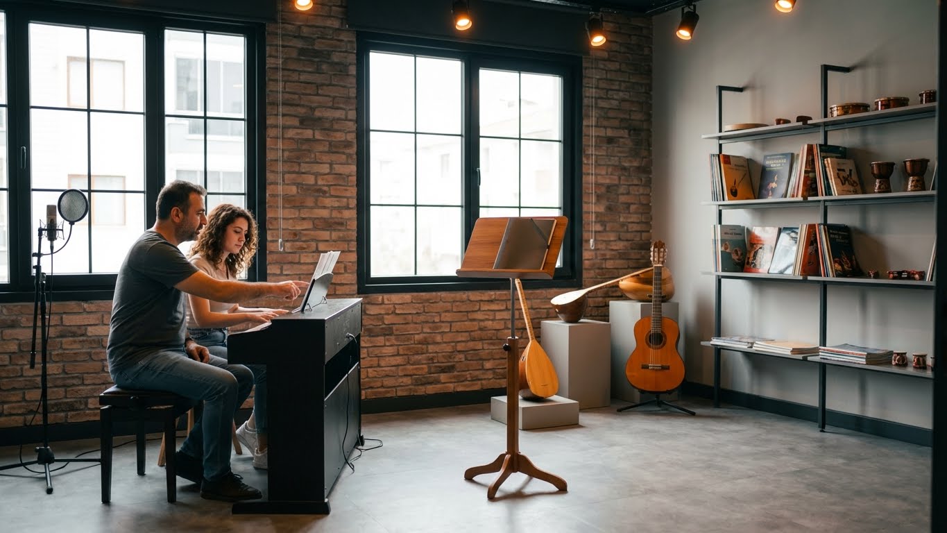 Profesyonel stüdyo ortamında birebir piyano dersi, deneyimli eğitmen eşliğinde uygulamalı özel piyano eğitimi.